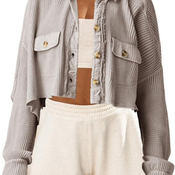 Women's Cropped Waffle Knit Shacket Short Button Down Jacket Batwing Sleeve Shir - Picture 3 of 5